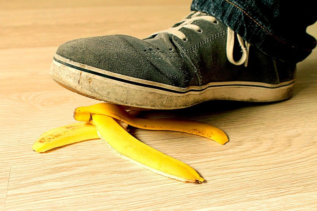 banana peel, used shoes, hardwood floors